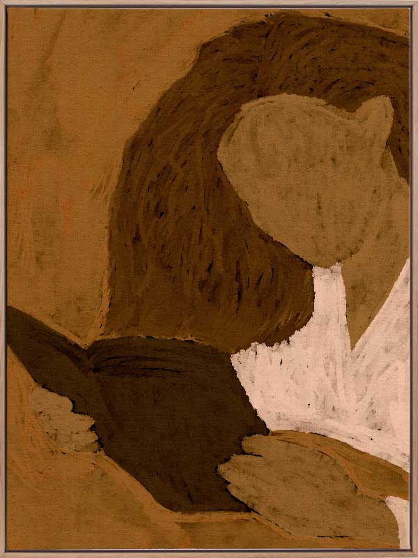 Abstracted illustration of a woman with curly brown hair in a white top reading a book in profile, rendered in warm neutral tones, from the Shatha collection with Urban Road.