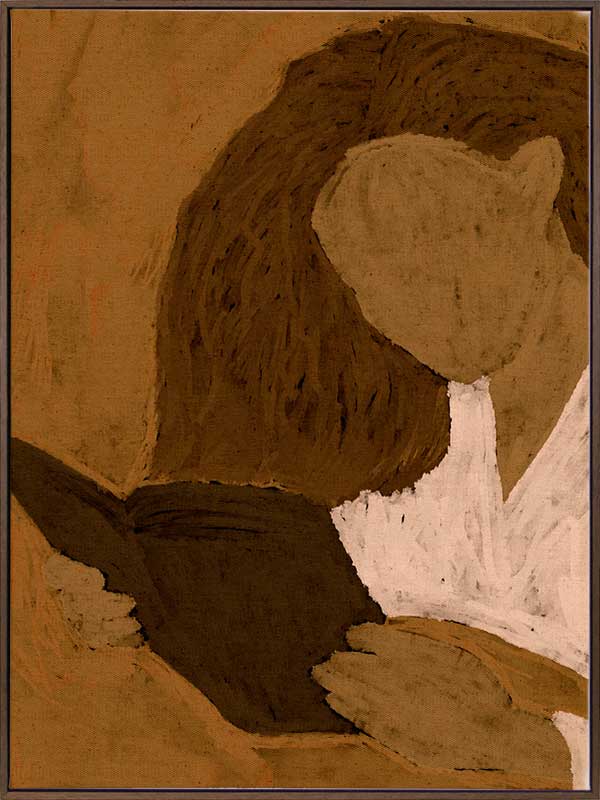 Abstracted illustration of a woman with curly brown hair in a white top reading a book in profile, rendered in warm neutral tones, from the Shatha collection with Urban Road.