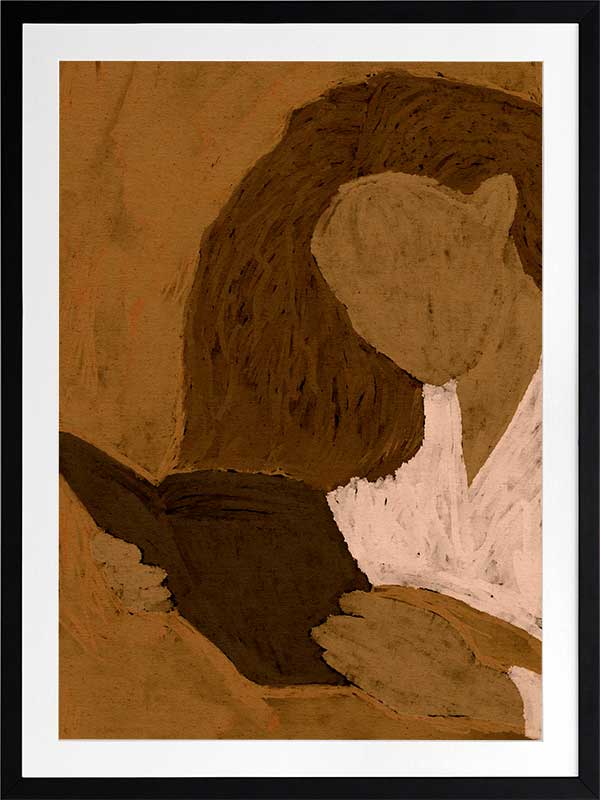 Abstracted illustration of a woman with curly brown hair in a white top reading a book in profile, rendered in warm neutral tones, from the Shatha collection with Urban Road.