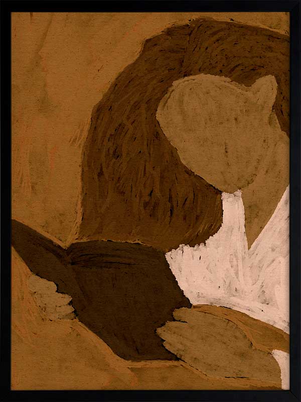 Abstracted illustration of a woman with curly brown hair in a white top reading a book in profile, rendered in warm neutral tones, from the Shatha collection with Urban Road.