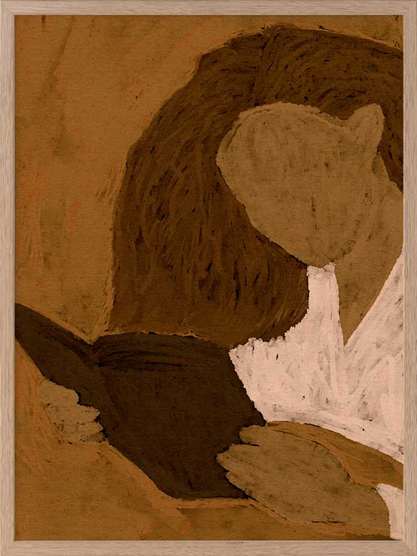 Abstracted illustration of a woman with curly brown hair in a white top reading a book in profile, rendered in warm neutral tones, from the Shatha collection with Urban Road.