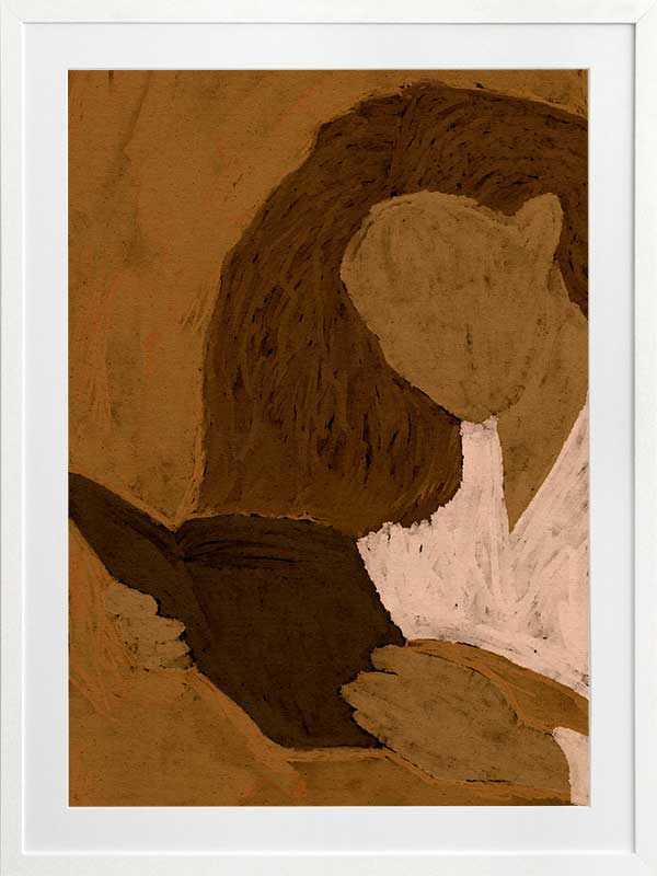 Abstracted illustration of a woman with curly brown hair in a white top reading a book in profile, rendered in warm neutral tones, from the Shatha collection with Urban Road.