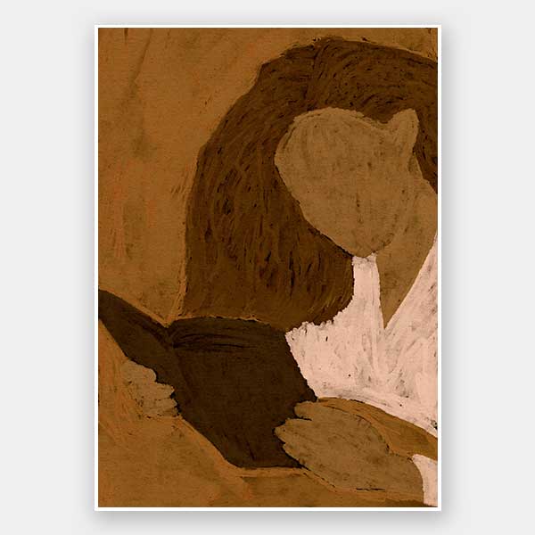 Abstracted illustration of a woman with curly brown hair in a white top reading a book in profile, rendered in warm neutral tones, from the Shatha collection with Urban Road.