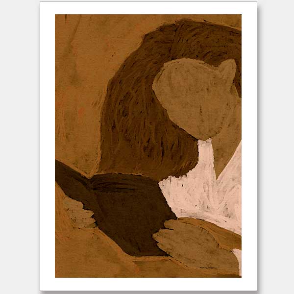Abstracted illustration of a woman with curly brown hair in a white top reading a book in profile, rendered in warm neutral tones, from the Shatha collection with Urban Road.