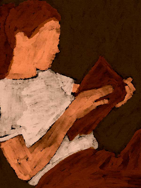 Warm-toned figurative artwork of a woman in a white top reading a book under soft lighting, with visible brush texture, from the Shatha collection with Urban Road.