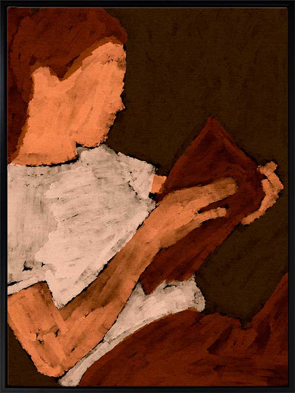 Warm-toned figurative artwork of a woman in a white top reading a book under soft lighting, with visible brush texture, from the Shatha collection with Urban Road.