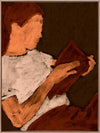 Warm-toned figurative artwork of a woman in a white top reading a book under soft lighting, with visible brush texture, from the Shatha collection with Urban Road.