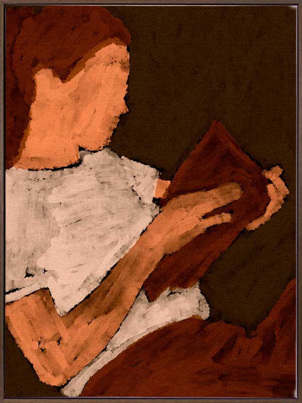 Warm-toned figurative artwork of a woman in a white top reading a book under soft lighting, with visible brush texture, from the Shatha collection with Urban Road.