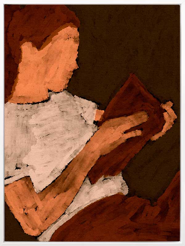 Warm-toned figurative artwork of a woman in a white top reading a book under soft lighting, with visible brush texture, from the Shatha collection with Urban Road.