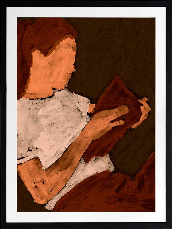 Warm-toned figurative artwork of a woman in a white top reading a book under soft lighting, with visible brush texture, from the Shatha collection with Urban Road.