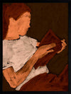 Warm-toned figurative artwork of a woman in a white top reading a book under soft lighting, with visible brush texture, from the Shatha collection with Urban Road.
