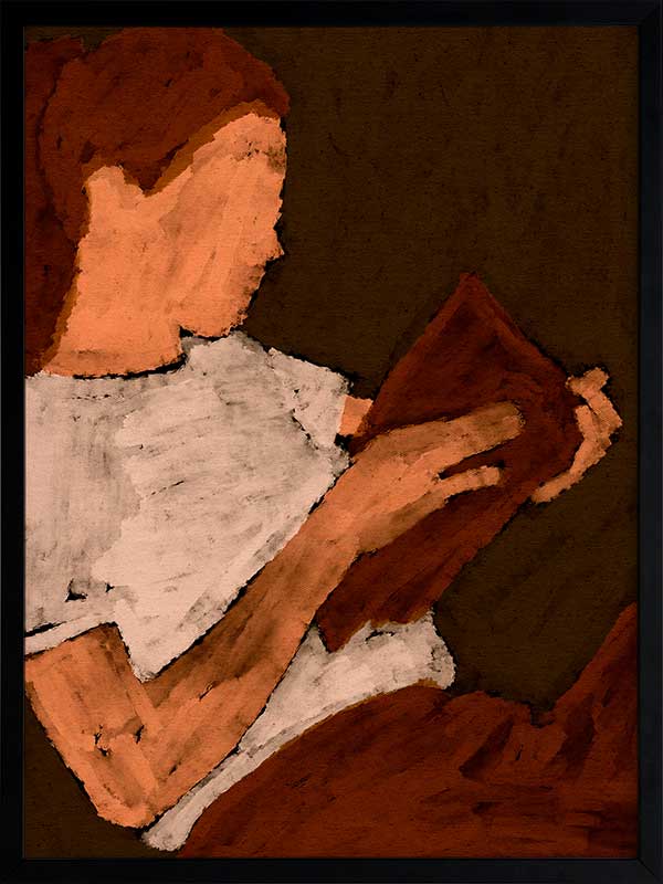 Warm-toned figurative artwork of a woman in a white top reading a book under soft lighting, with visible brush texture, from the Shatha collection with Urban Road.