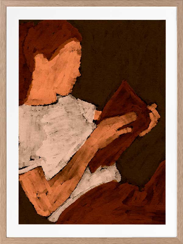 Warm-toned figurative artwork of a woman in a white top reading a book under soft lighting, with visible brush texture, from the Shatha collection with Urban Road.