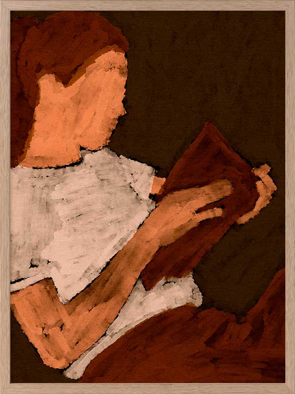 Warm-toned figurative artwork of a woman in a white top reading a book under soft lighting, with visible brush texture, from the Shatha collection with Urban Road.
