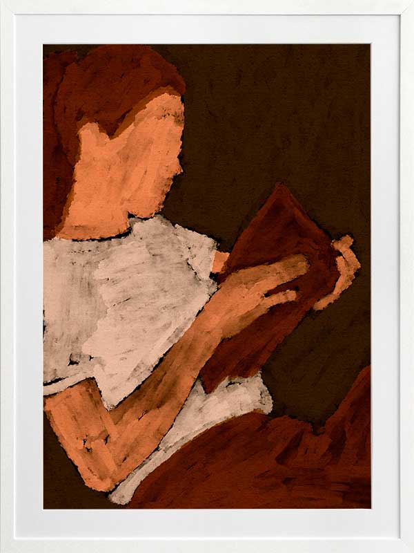 Warm-toned figurative artwork of a woman in a white top reading a book under soft lighting, with visible brush texture, from the Shatha collection with Urban Road.