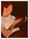 Warm-toned figurative artwork of a woman in a white top reading a book under soft lighting, with visible brush texture, from the Shatha collection with Urban Road.