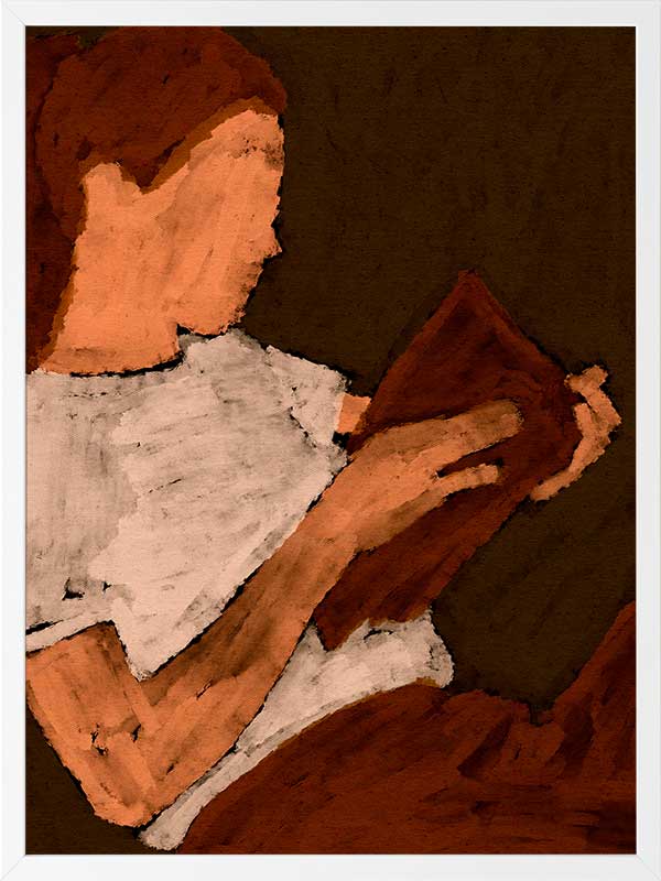 Warm-toned figurative artwork of a woman in a white top reading a book under soft lighting, with visible brush texture, from the Shatha collection with Urban Road.