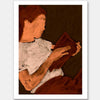 Warm-toned figurative artwork of a woman in a white top reading a book under soft lighting, with visible brush texture, from the Shatha collection with Urban Road.