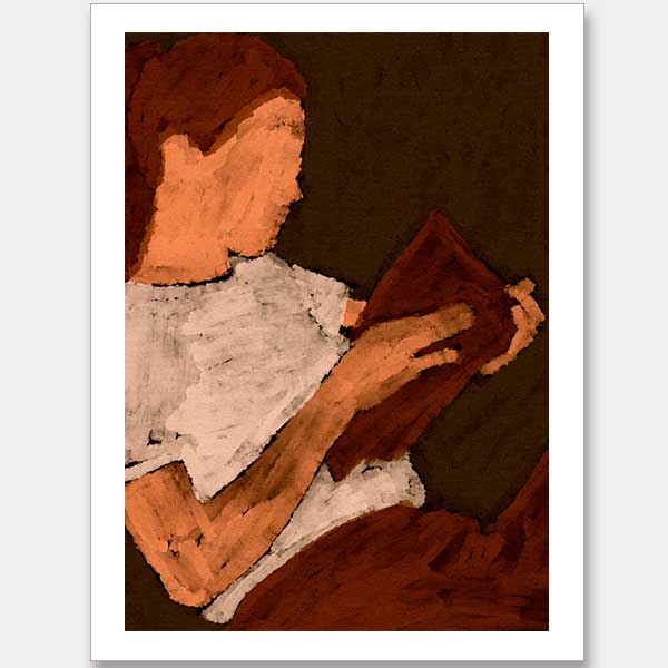 Warm-toned figurative artwork of a woman in a white top reading a book under soft lighting, with visible brush texture, from the Shatha collection with Urban Road.