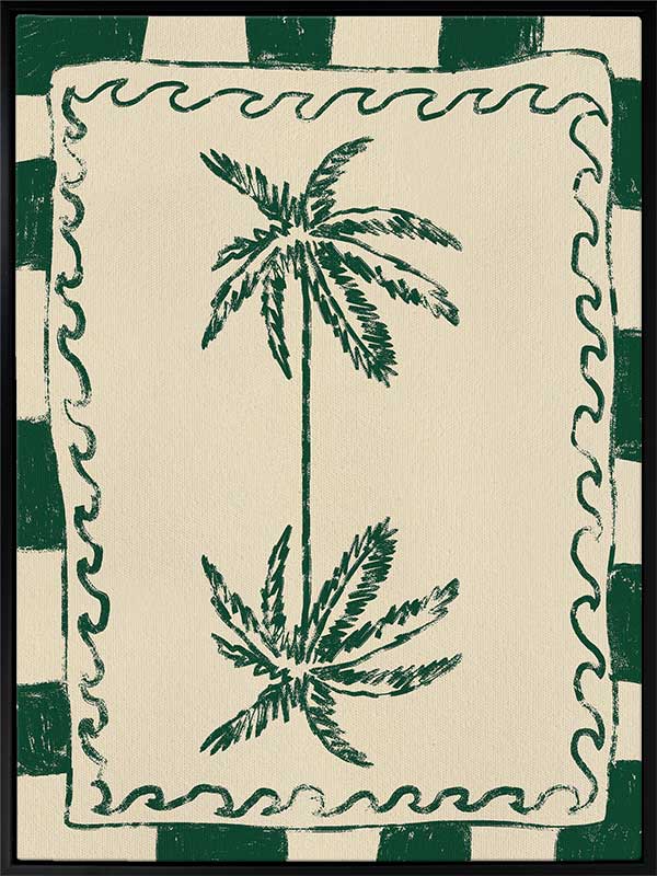 Playful palm tree illustration in green on a beige background with striped and wavy border accents, from the Shatha collection with Urban Road.
