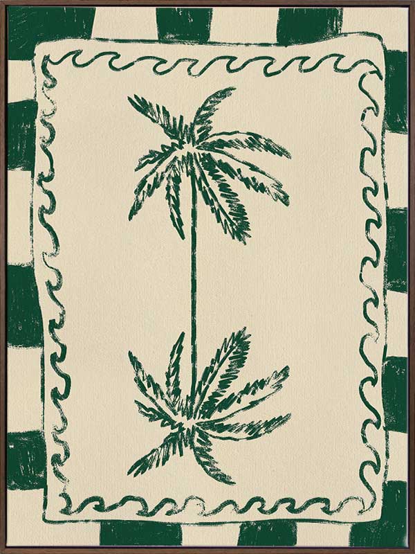 Playful palm tree illustration in green on a beige background with striped and wavy border accents, from the Shatha collection with Urban Road.