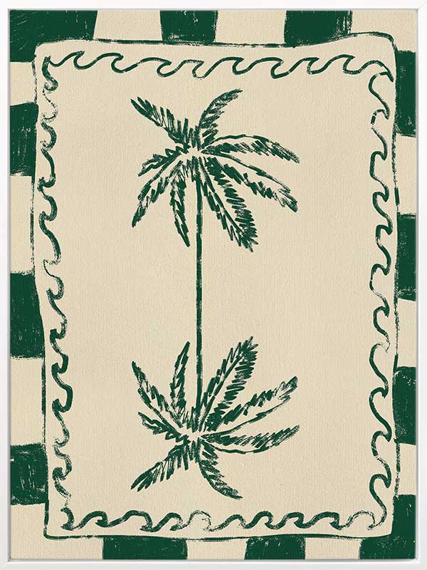 Playful palm tree illustration in green on a beige background with striped and wavy border accents, from the Shatha collection with Urban Road.