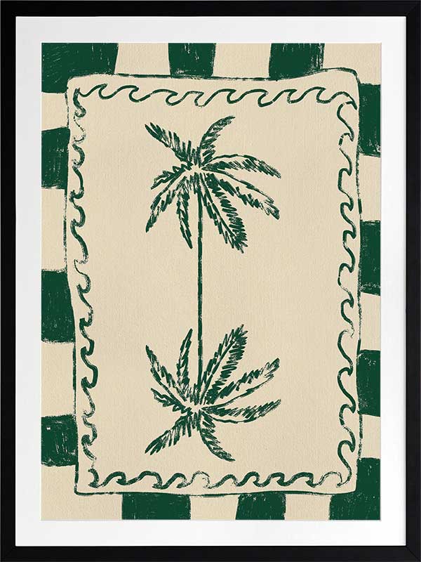 Playful palm tree illustration in green on a beige background with striped and wavy border accents, from the Shatha collection with Urban Road.