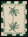 Playful palm tree illustration in green on a beige background with striped and wavy border accents, from the Shatha collection with Urban Road.