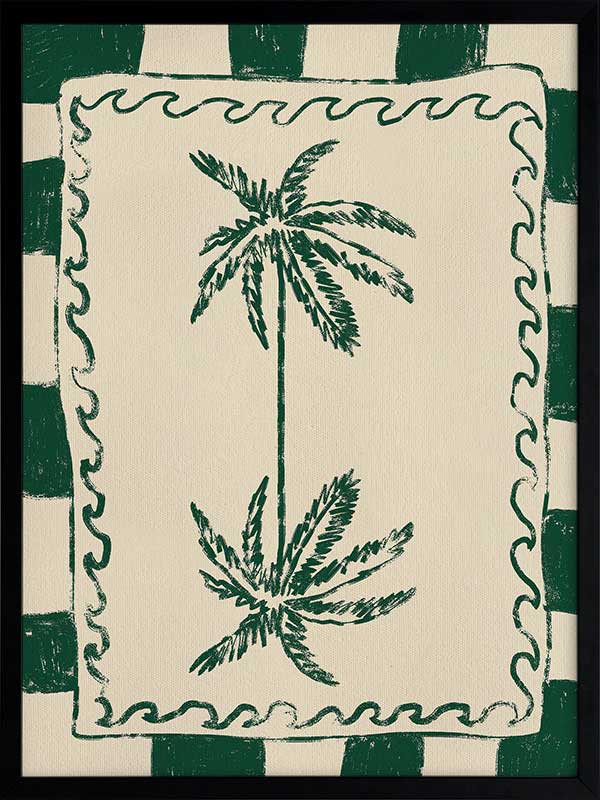 Playful palm tree illustration in green on a beige background with striped and wavy border accents, from the Shatha collection with Urban Road.
