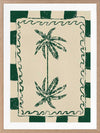 Playful palm tree illustration in green on a beige background with striped and wavy border accents, from the Shatha collection with Urban Road.