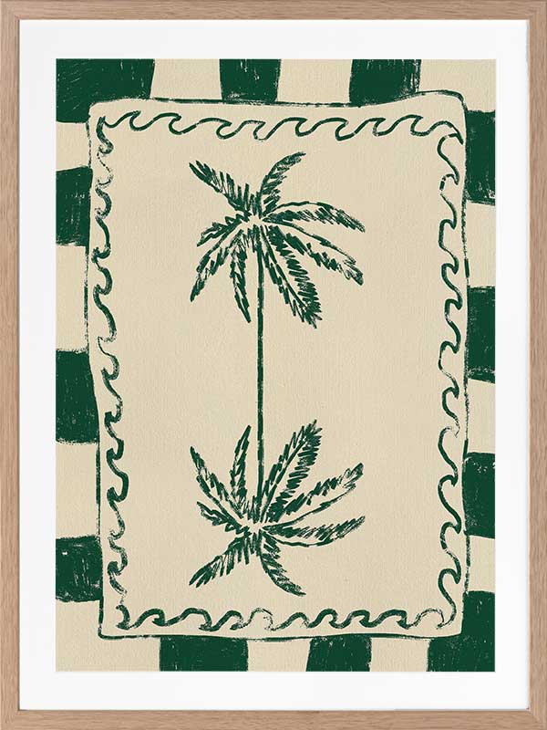Playful palm tree illustration in green on a beige background with striped and wavy border accents, from the Shatha collection with Urban Road.