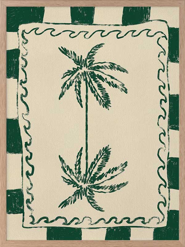Playful palm tree illustration in green on a beige background with striped and wavy border accents, from the Shatha collection with Urban Road.