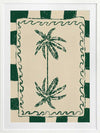 Playful palm tree illustration in green on a beige background with striped and wavy border accents, from the Shatha collection with Urban Road.