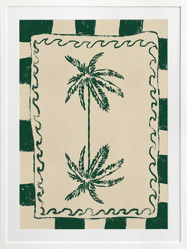 Playful palm tree illustration in green on a beige background with striped and wavy border accents, from the Shatha collection with Urban Road.