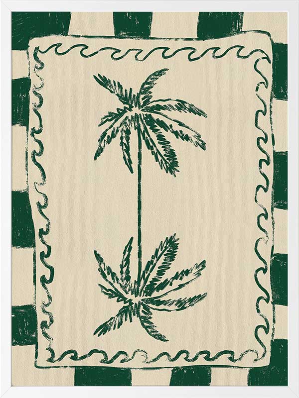 Playful palm tree illustration in green on a beige background with striped and wavy border accents, from the Shatha collection with Urban Road.