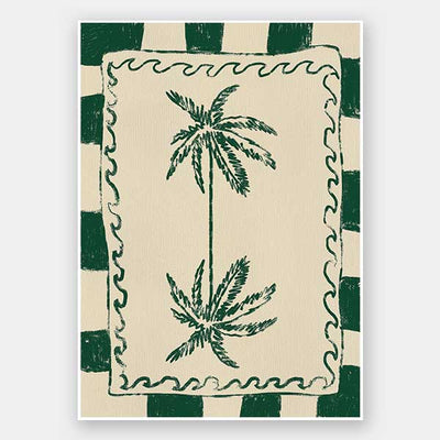 Playful palm tree illustration in green on a beige background with striped and wavy border accents, from the Shatha collection with Urban Road.
