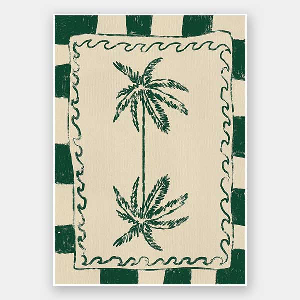 Playful palm tree illustration in green on a beige background with striped and wavy border accents, from the Shatha collection with Urban Road.