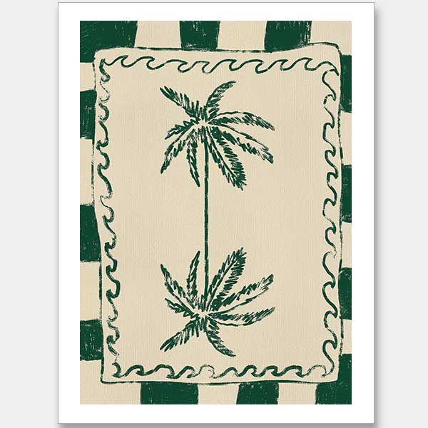 Playful palm tree illustration in green on a beige background with striped and wavy border accents, from the Shatha collection with Urban Road.
