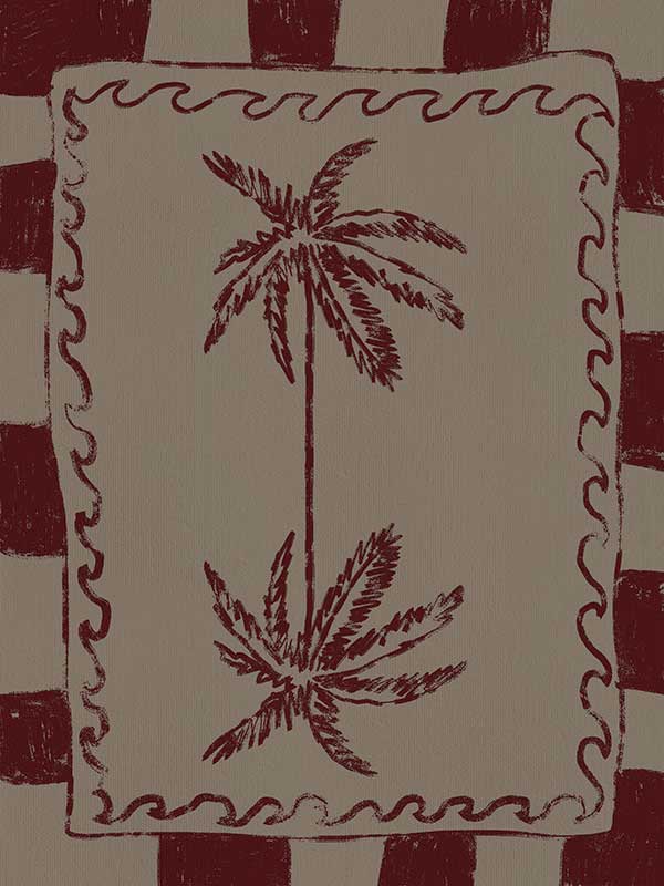 Whimsical twin palm tree design in burgundy with bold red stripes and wavy frame on a neutral backdrop, from the Shatha collection with Urban Road.