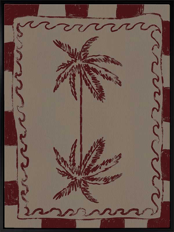 Whimsical twin palm tree design in burgundy with bold red stripes and wavy frame on a neutral backdrop, from the Shatha collection with Urban Road.