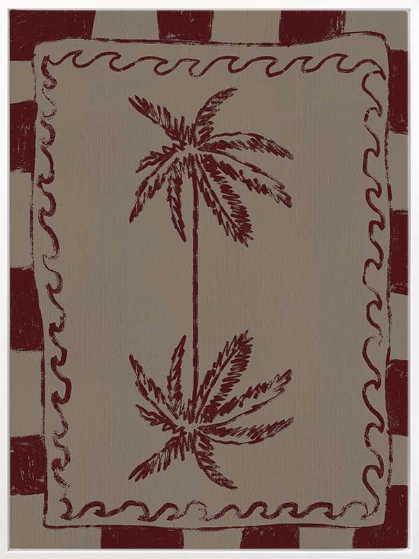 Whimsical twin palm tree design in burgundy with bold red stripes and wavy frame on a neutral backdrop, from the Shatha collection with Urban Road.