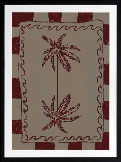 Whimsical twin palm tree design in burgundy with bold red stripes and wavy frame on a neutral backdrop, from the Shatha collection with Urban Road.