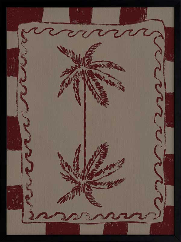Whimsical twin palm tree design in burgundy with bold red stripes and wavy frame on a neutral backdrop, from the Shatha collection with Urban Road.
