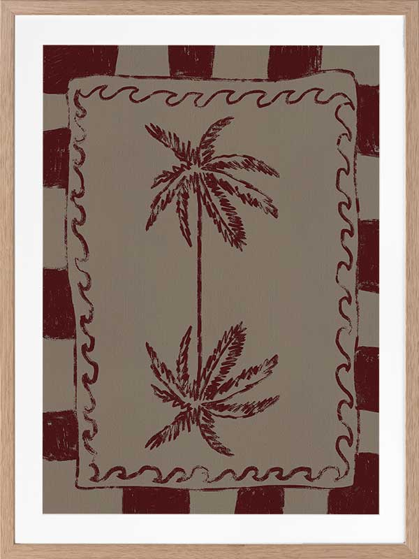 Whimsical twin palm tree design in burgundy with bold red stripes and wavy frame on a neutral backdrop, from the Shatha collection with Urban Road.