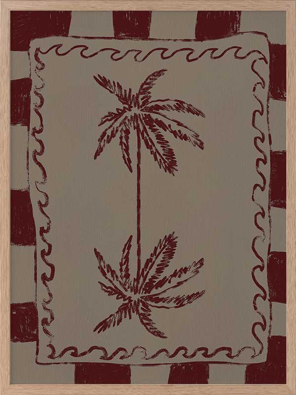 Whimsical twin palm tree design in burgundy with bold red stripes and wavy frame on a neutral backdrop, from the Shatha collection with Urban Road.