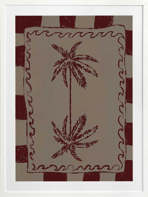 Whimsical twin palm tree design in burgundy with bold red stripes and wavy frame on a neutral backdrop, from the Shatha collection with Urban Road.