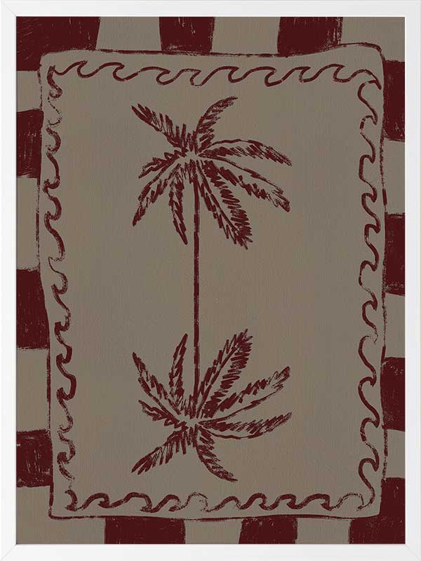 Whimsical twin palm tree design in burgundy with bold red stripes and wavy frame on a neutral backdrop, from the Shatha collection with Urban Road.