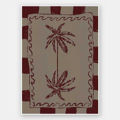 Whimsical twin palm tree design in burgundy with bold red stripes and wavy frame on a neutral backdrop, from the Shatha collection with Urban Road.