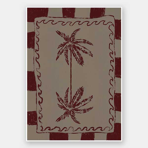 Whimsical twin palm tree design in burgundy with bold red stripes and wavy frame on a neutral backdrop, from the Shatha collection with Urban Road.