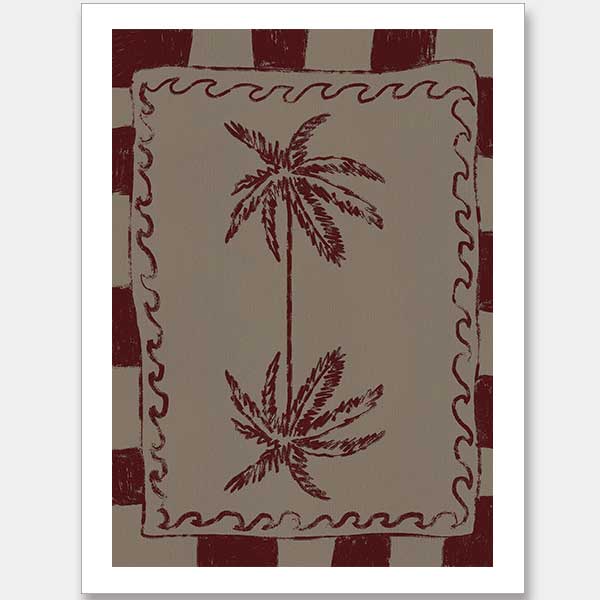 Whimsical twin palm tree design in burgundy with bold red stripes and wavy frame on a neutral backdrop, from the Shatha collection with Urban Road.